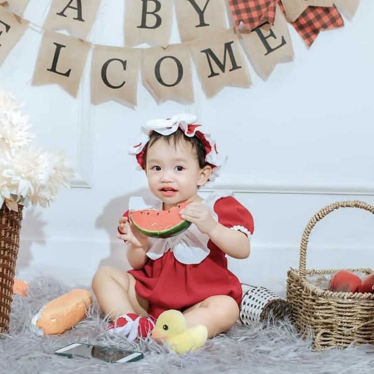 Body Đỏ Cổ Trắng Bé Gái 3 Đến 12kg, Bodysuit Chất Đũi Chun Mát Rượi