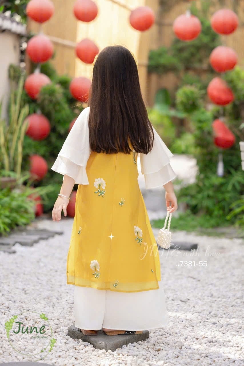 Áo dài tết cho bé gái mẫu Phú quý tay phồng xinh xắn từ 10-40kg hàng thiết kế cao cấp (kèm cài)