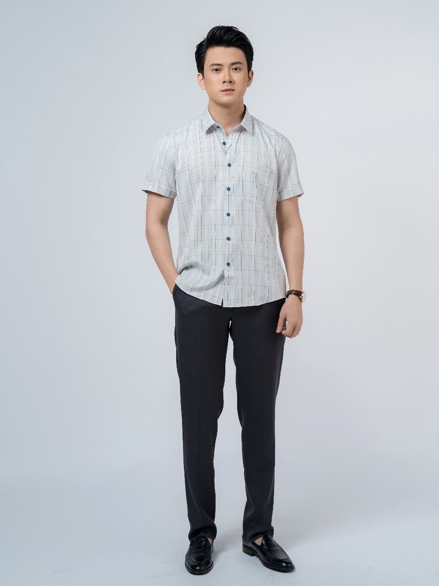 OWEN - Áo Sơ mi ngắn tay Owen REGULAR FIT chất cafe không nhăn kẻ ô xám trắng 220104