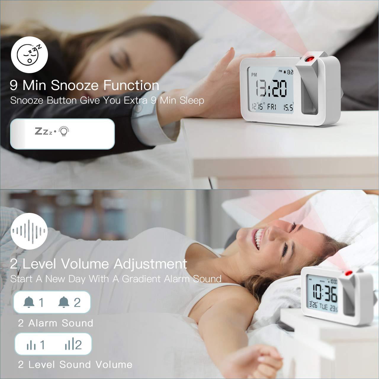 Đồng hồ báo thức chiếu, Đồng hồ bảng báo thức du lịch Đồng hồ bàn 3,8 "màn hình LCD, số lượng lớn, 4 độ sáng, Snooze 9 phút, 2 tông màu báo động, cho phòng ngủ, văn phòng, nhà bếp