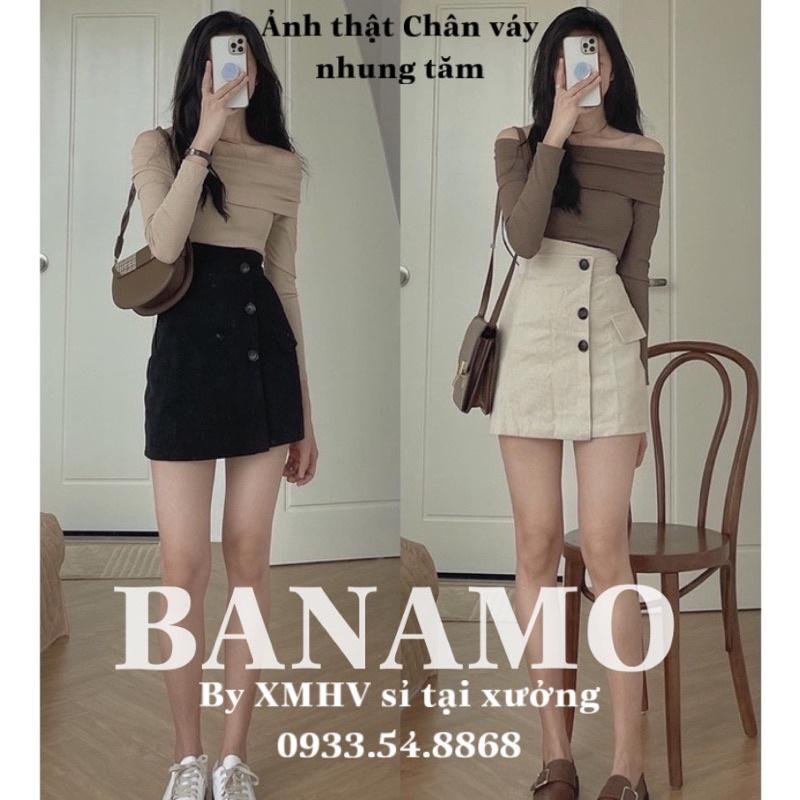 Chân váy cạp cao vải nhung tăm độc lạ 3 khuy tôn dáng BANAMO FASHION 551