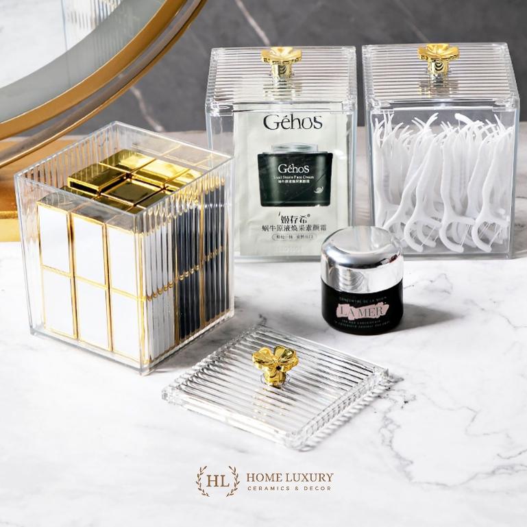 Lọ đựng tăm chỉ, bông mút, phụ kiện mỹ phẩm họa tiết vuông sọc kẻ núm hoa vàng Decor