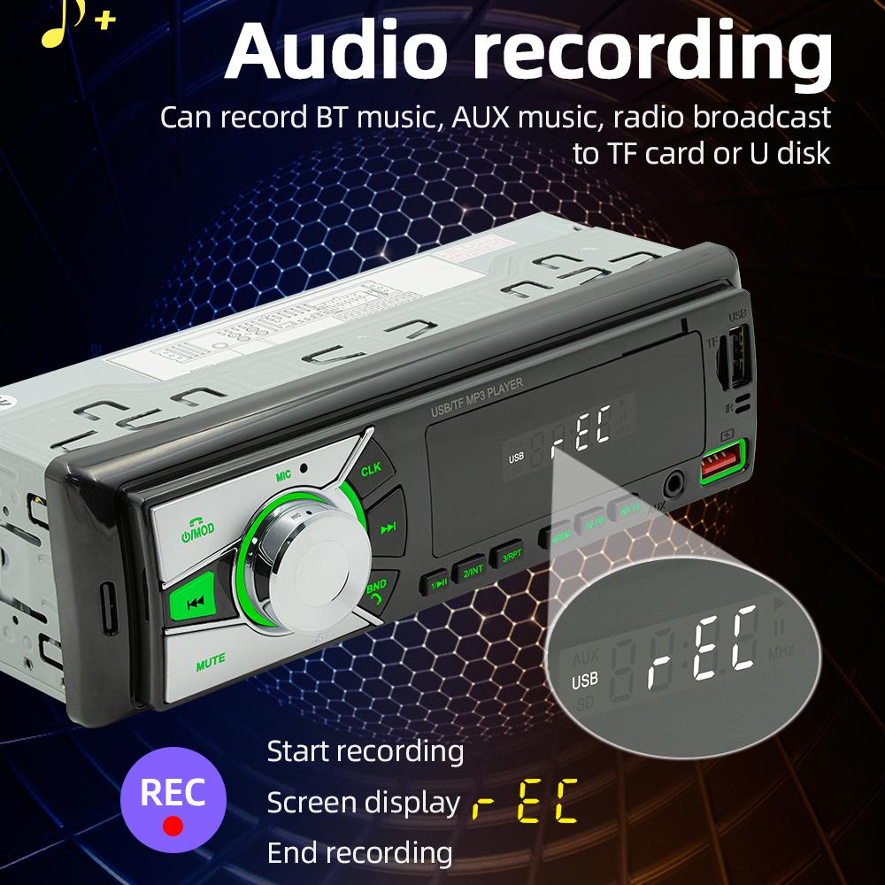 Car MP3 Player BT Stereo Receiver FM Radio Hands-Free Calling U-Disk/TF Card/Aux-in Player Support APP to Find Car/Voice Assistant/Audio Recording with Remote Controller Colorful Light