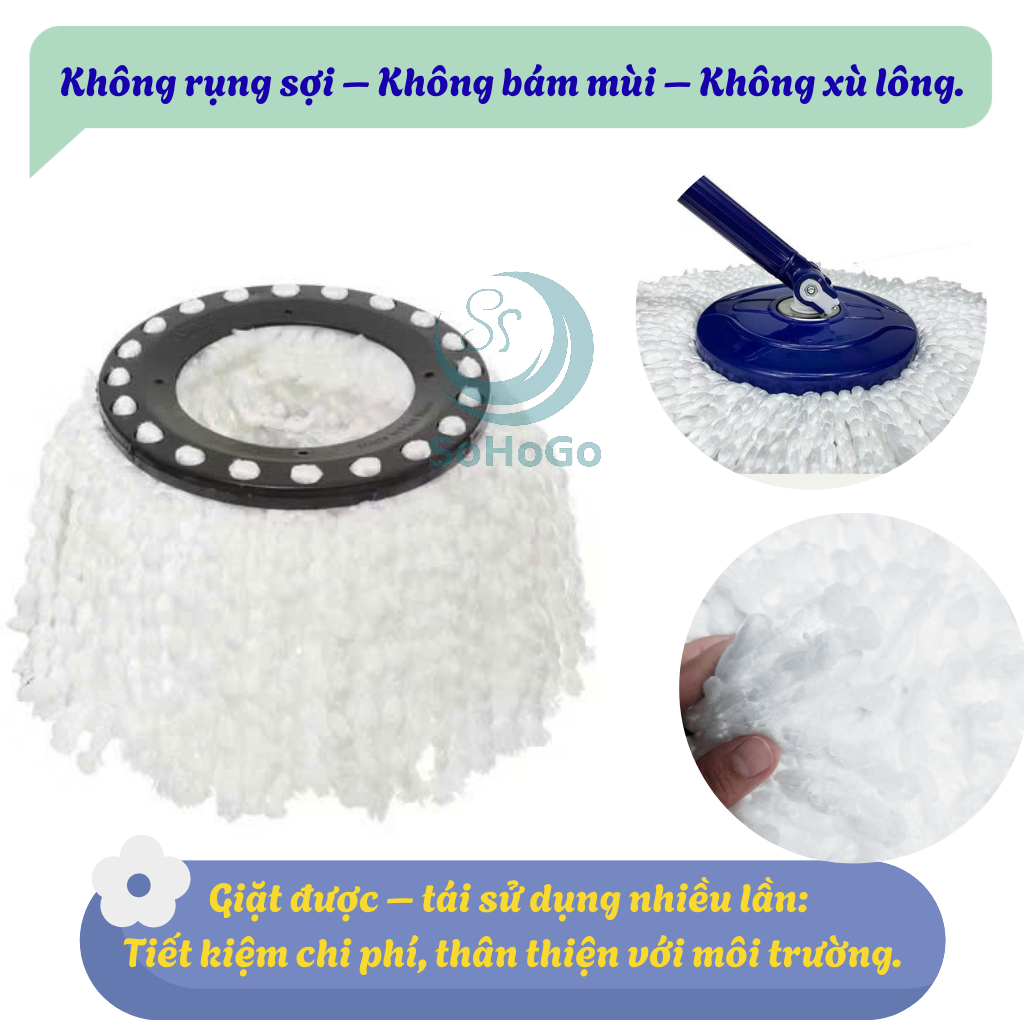 Bông Lau Nhà Đa Năng Microfiber Thấm Hút Cực Tốt -Đầu  Bông Lau Nhà Xoay 360 Độ Thay Thế – Sợi Bông Mịn Siêu Bền -Bông Lau Nhà Thay Thế Loại Tốt – Lắp Được Cho Nhiều Loại Cây Lau