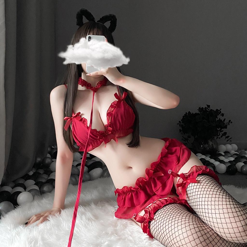 Cosplay hầu gái sexy phối nơ đáng yêu set đồ lót gợi cảm garter kèm kẹp tất đen đỏ trắng hồng quyến rũ BIKI HOUSE N915