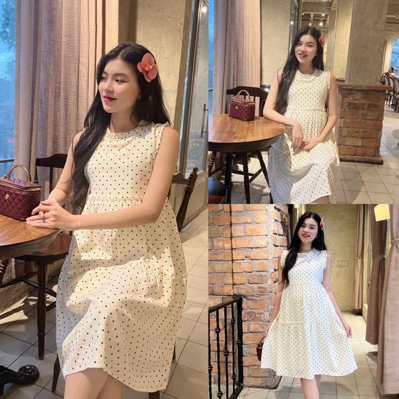 Đầm bầu chấm bi cổ xếp bèo phối tùng liền dễ thương  chất cotton Hàn ( 2 lớp ) - Trắng kem
