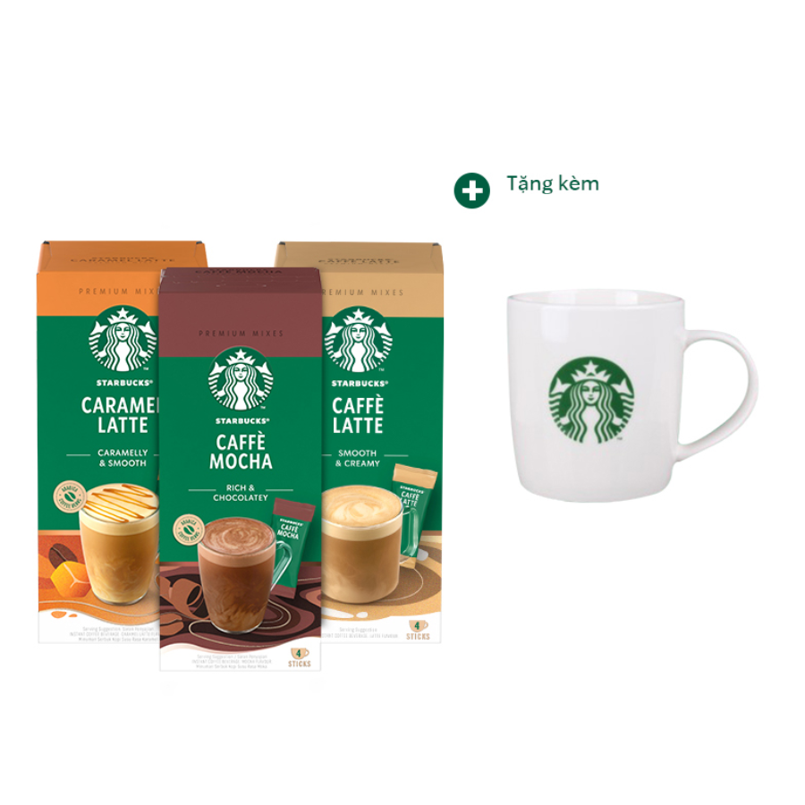Combo 3 Hộp Cà phê hòa tan cao cấp Starbucks: Caffè Latte + Caramel Latte + Mocha -