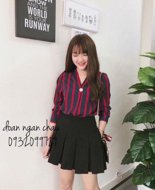 Áo sọc kiểu tau dài cổ V phối tag tròn Cao Cấp