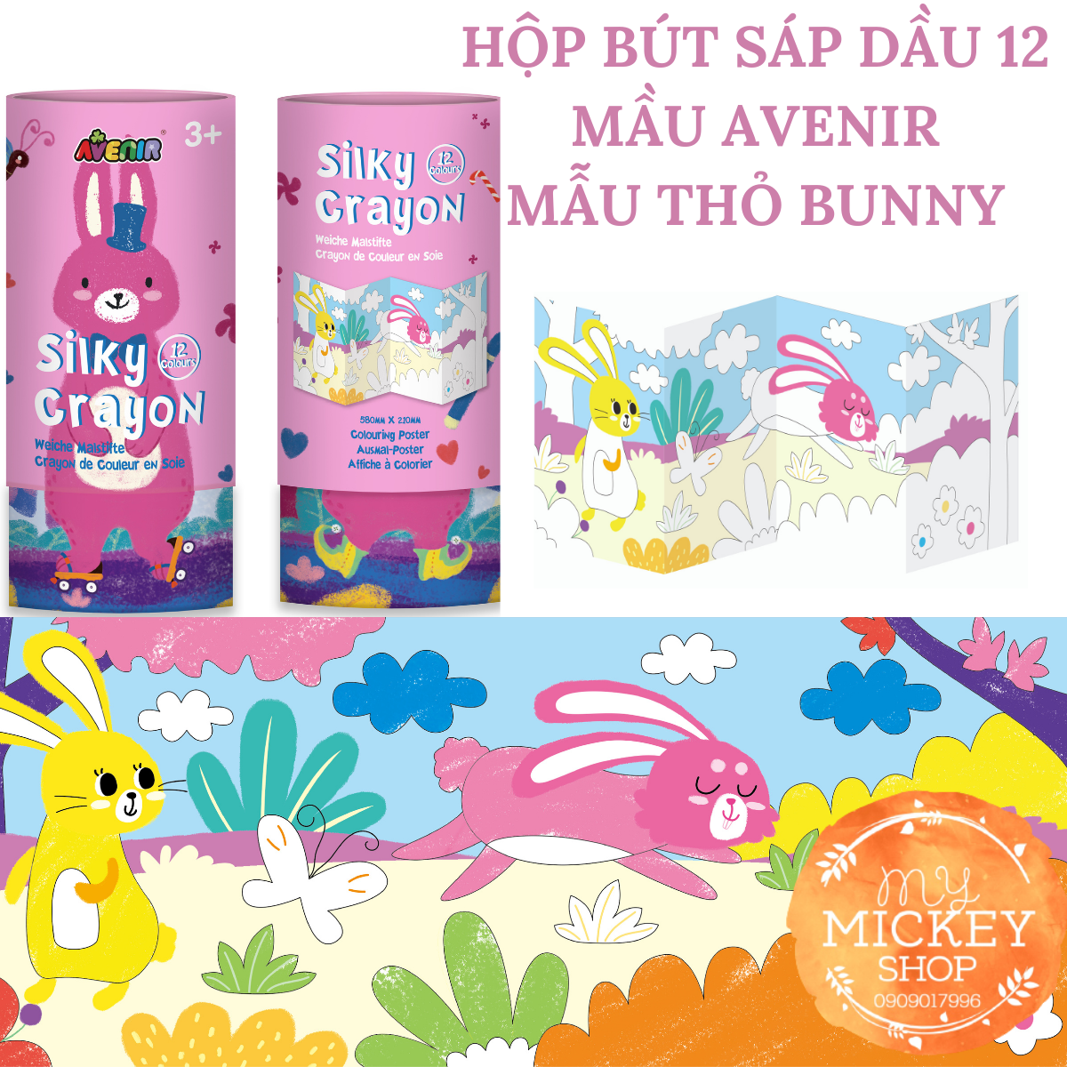 Hộp bút sáp dầu 12 màu Avenir có 6 mẫu cho bé lựa chọn - Avenir Silky Crayon My Mickey Shop