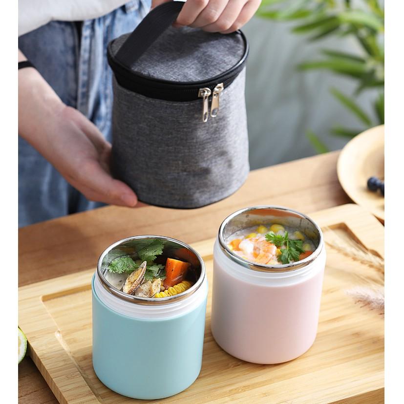 Cốc Đựng Cháo Kèm Muỗng Và Túi Giữ Nhiệt, Hộp Đựng Cháo Canh Soup Bền Đẹp Có Tay Xách Nắp Đậy