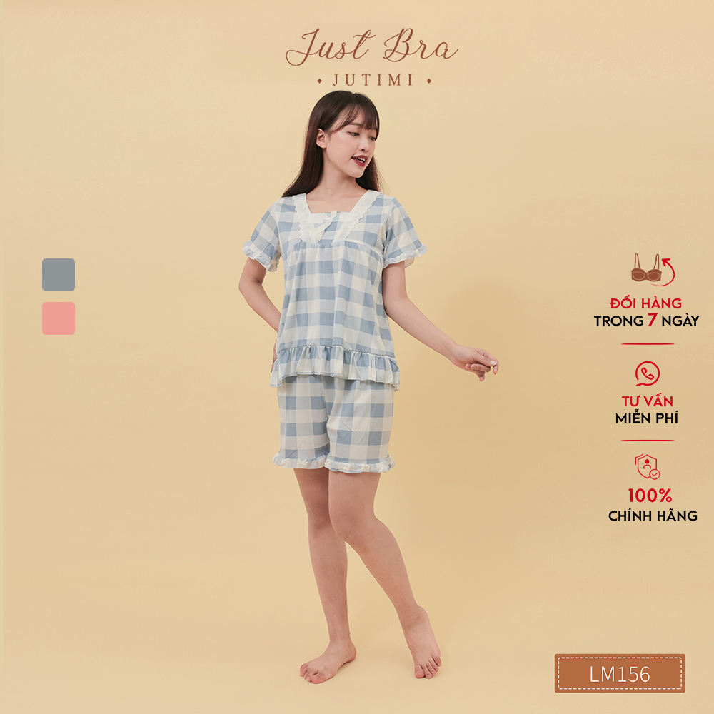 Bộ đồ ngủ Just Bra họa tiết caro to đáng yêu, màu sắc tưới sáng, mặc thoáng mát và thoải mái LM156