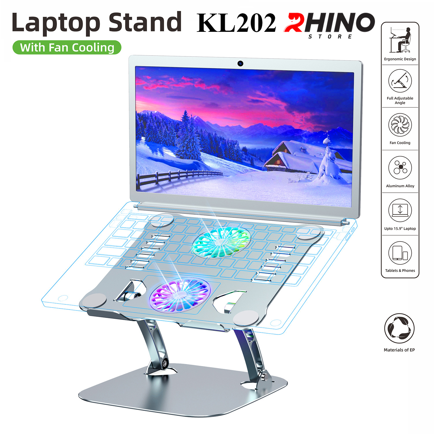 Kệ đỡ Laptop 2 quạt tản nhiệt Rhino KL202, giá đỡ máy tính nhôm cao cấp, gấp gọn - Hàng chính hãng