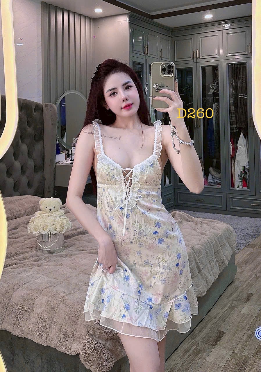 Váy Ngủ D260 Lụa Quảng Châu Cao Cấp Cột Dây Hoa Gợi Cảm