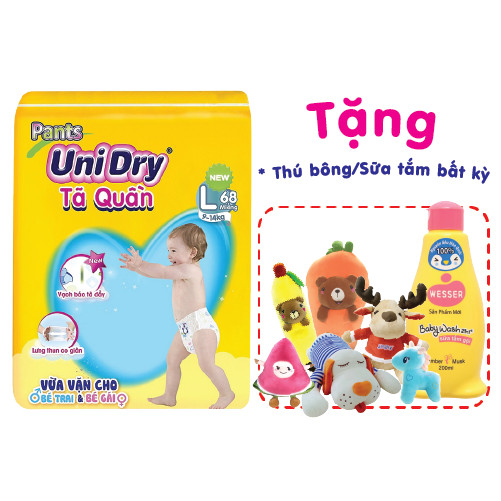 Tã quần UniDry G1 L68 tặng 1 thú bông bất kỳ hoặc 1 sữa tắm Wesser