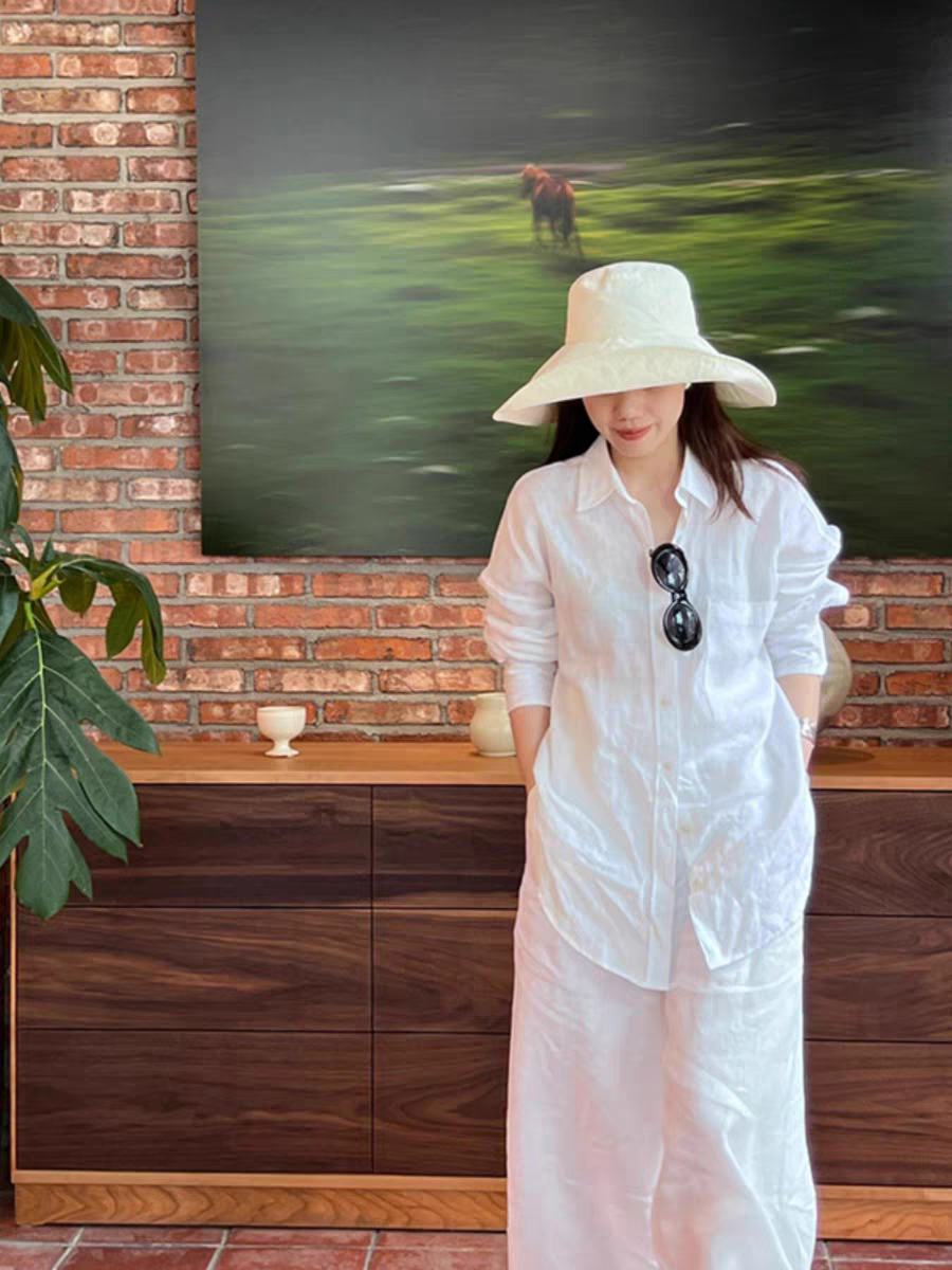 Set bộ gồm áo sơ mi dài tay và quần dài ống rộng chất linen,  thời trang, dễ mặc, phong cách Hàn Quốc