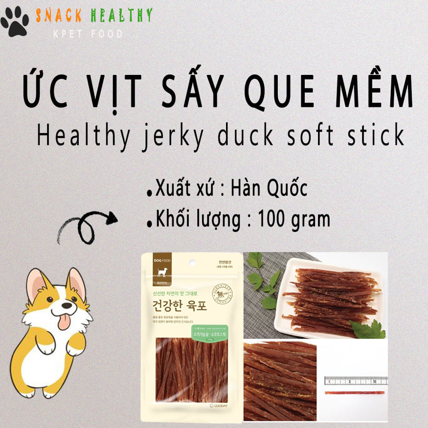 BÁNH THƯỞNG CHO CHÓ - Ức vịt sấy dạng que mềm -  Healthy jerky duck soft stick - Made in Korea - 100g