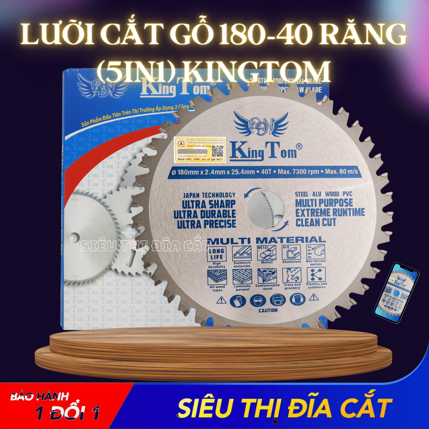 Lưỡi Cắt Gỗ Nhôm Cao Cấp 180-40 Răng (5 In 1) KingTom - Cắt Siêu Bén - Siêu Bền