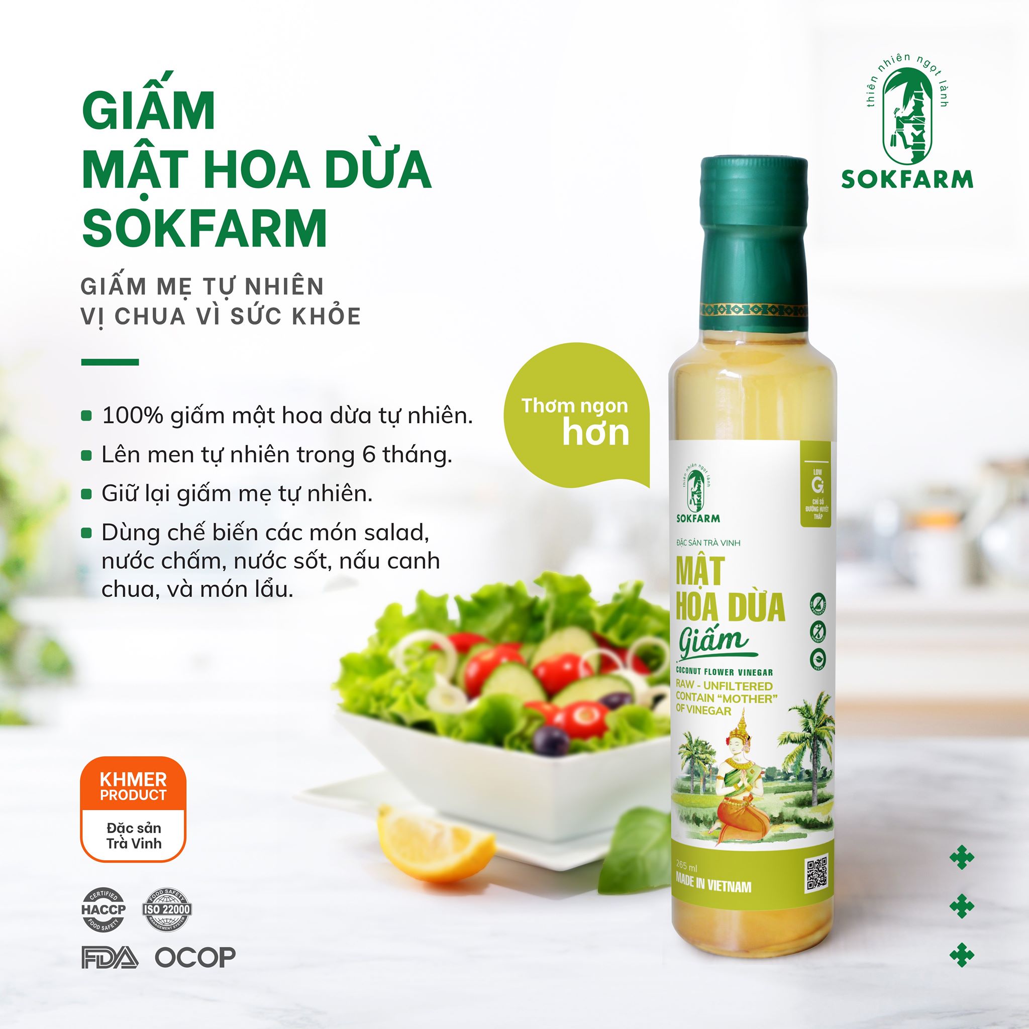 Dấm mật hoa dừa Sokfarm - 265ml - Bổ sung lợi khuẩn, kích thích tiêu hóa, hỗ trợ giảm đau cho người bị GUT, lên men tự nhiên trong vòng 6 tháng