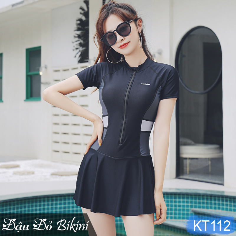 Đồ bơi nữ size lớn, áo tắm big size dáng váy liền thân dấu bụng cho người béo mập, mẫu khoá kéo cộc tay trẻ trung, chất thun bơi lạnh Lycra cao cấp dày đẹp | KT112