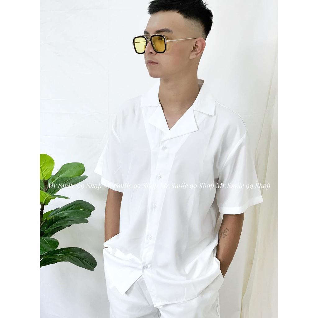 ÁO SƠ MI TAY NGẮN TRẮNG ĐEN BASIC CỔ VEST FORM RỘNG NAM NỮ UNISEX HÀN QUỐC MR SMILE 99 STREET STYLE ULZZANG