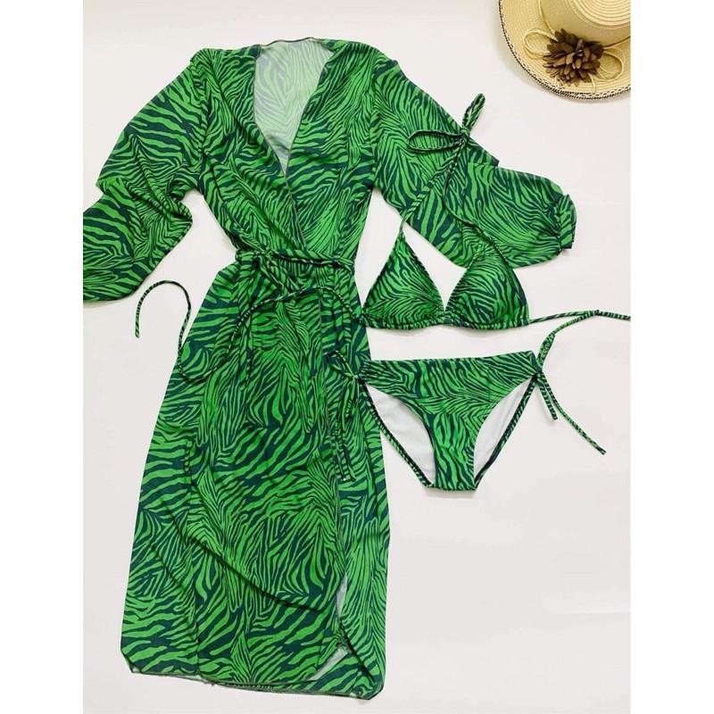Bikini Nữ 2 Mảnh Áo Choàng Khoác Ngoài Đồ Bơi Nữ Họa Tiết Vằn Xanh Quyến Rũ Độc Lạ - R23
