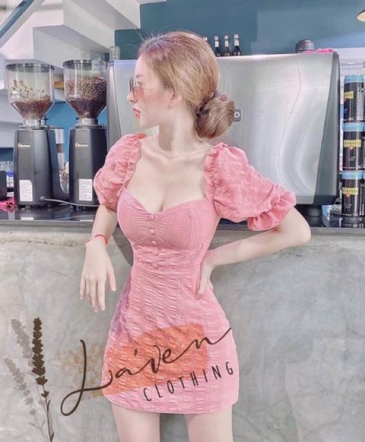 Đầm đũi nhăn tay phồng đính nút có mút ngực xinh lung linh