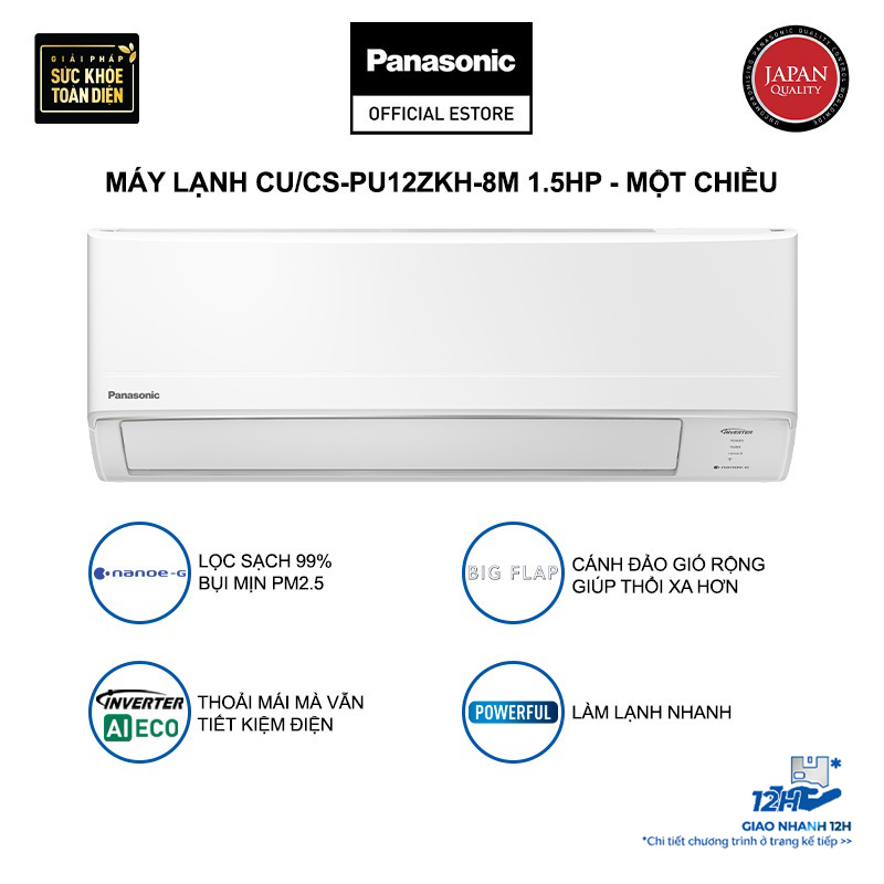 Máy lạnh/Điều hòa Panasonic CU/CS-PU12ZKH-8M - Công suất 1.5HP - Một chiều - Inverter - Lọc không khí bụi mịn - Hàng chính hãng