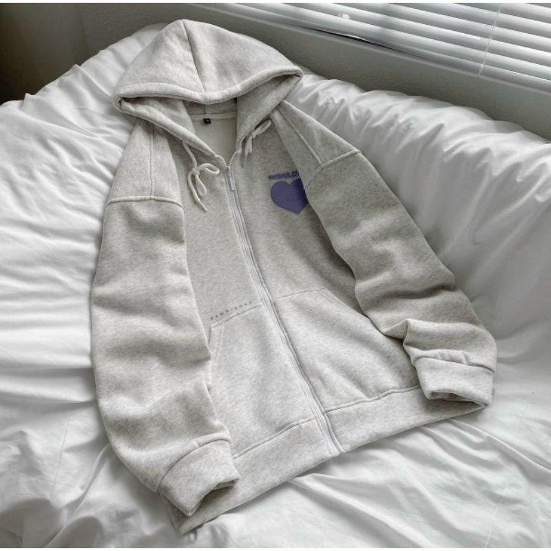 Áo hoodie nữ có nón 2 lớp zip kéo in hình trái tim, mẫu áo khoác nỉ chống nắng thời trang ulzzang kèm video