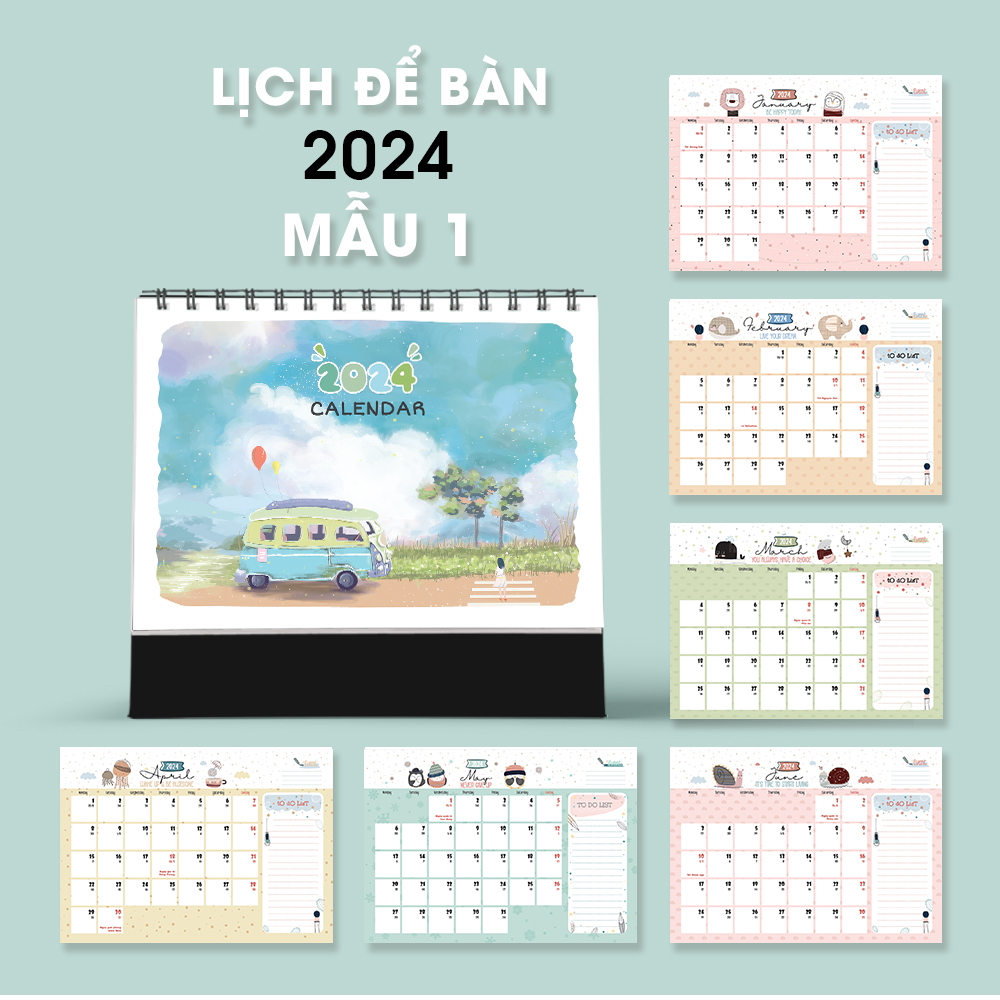 Lịch để bàn 2024 [TẶNG 12/2023], lịch 2024 có lịch âm, note ngày lễ, tone màu pastel cute 1, planner