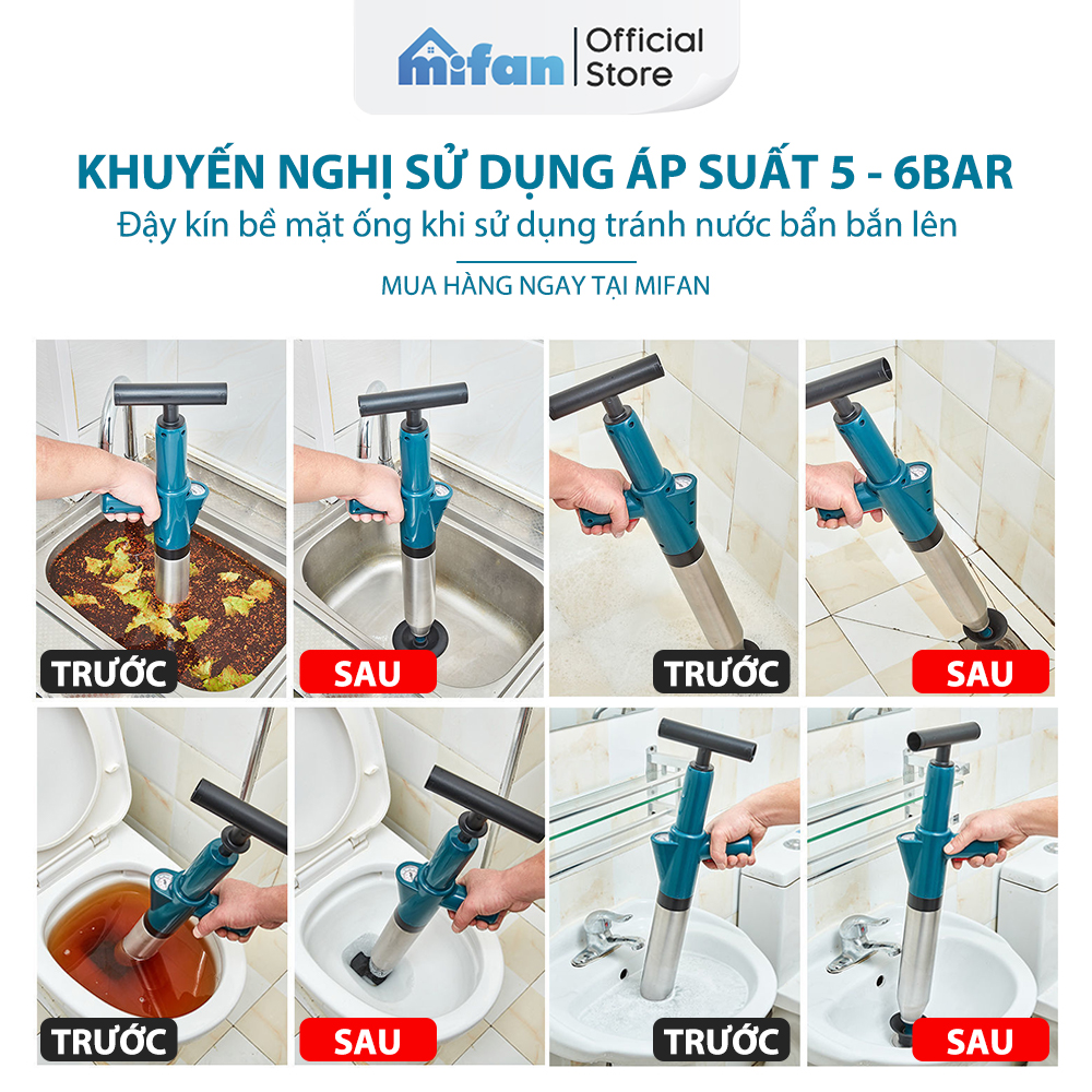 Dụng Cụ Thông Tắc Bồn Cầu, Chậu Rửa Bát, Bồn Tắm MIFAN - Mẫu Mới 2021 - Khí Nén AGT Cực Mạnh 8kg - Nhựa ABS Cao Cấp - HÀNG CHÍNH HÃNG