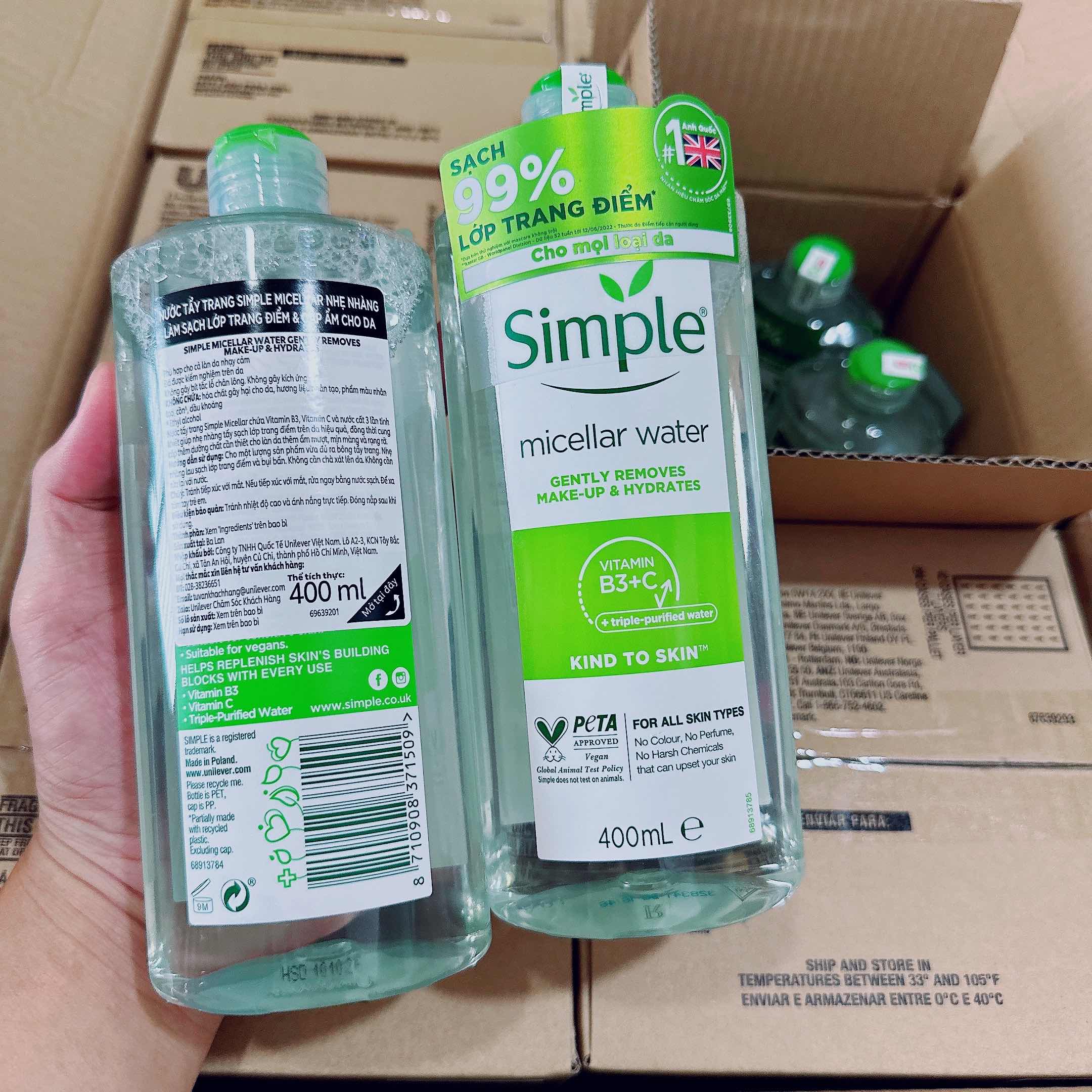 Nước Tẩy Trang SIMPLE Micellar Water 400ml - Làm Sạch Trang Điểm - Không Chứa Cồn Gây Khô Rát