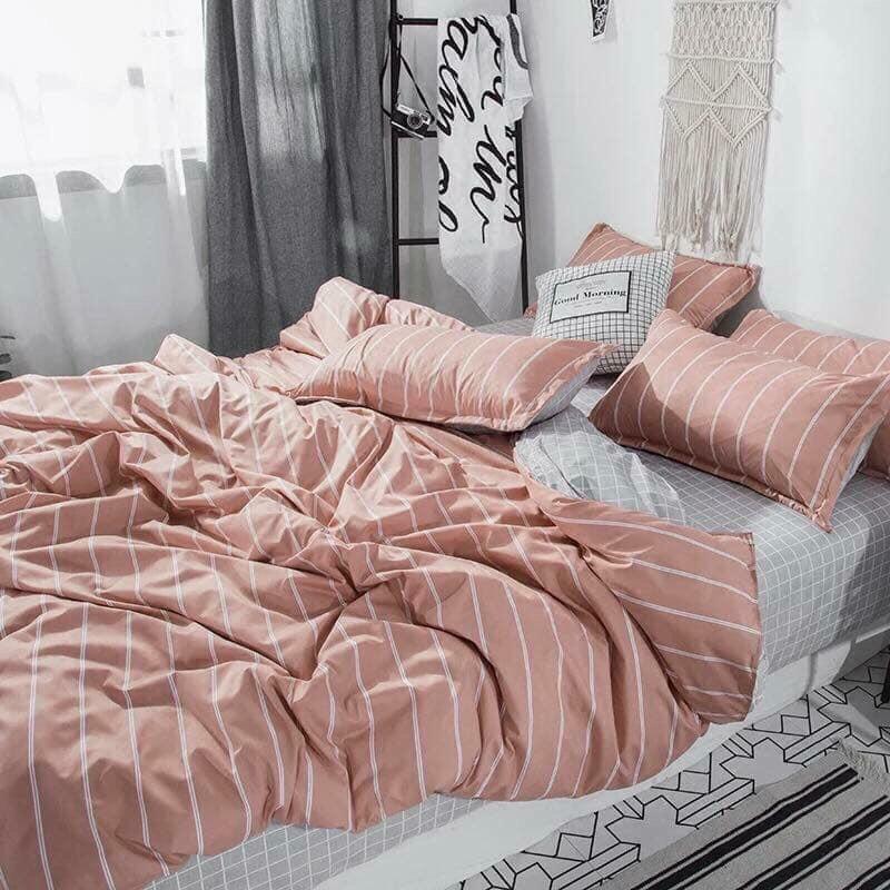 BỘ CHĂN GA GỐI POLY COTTON KẺ HỒNG