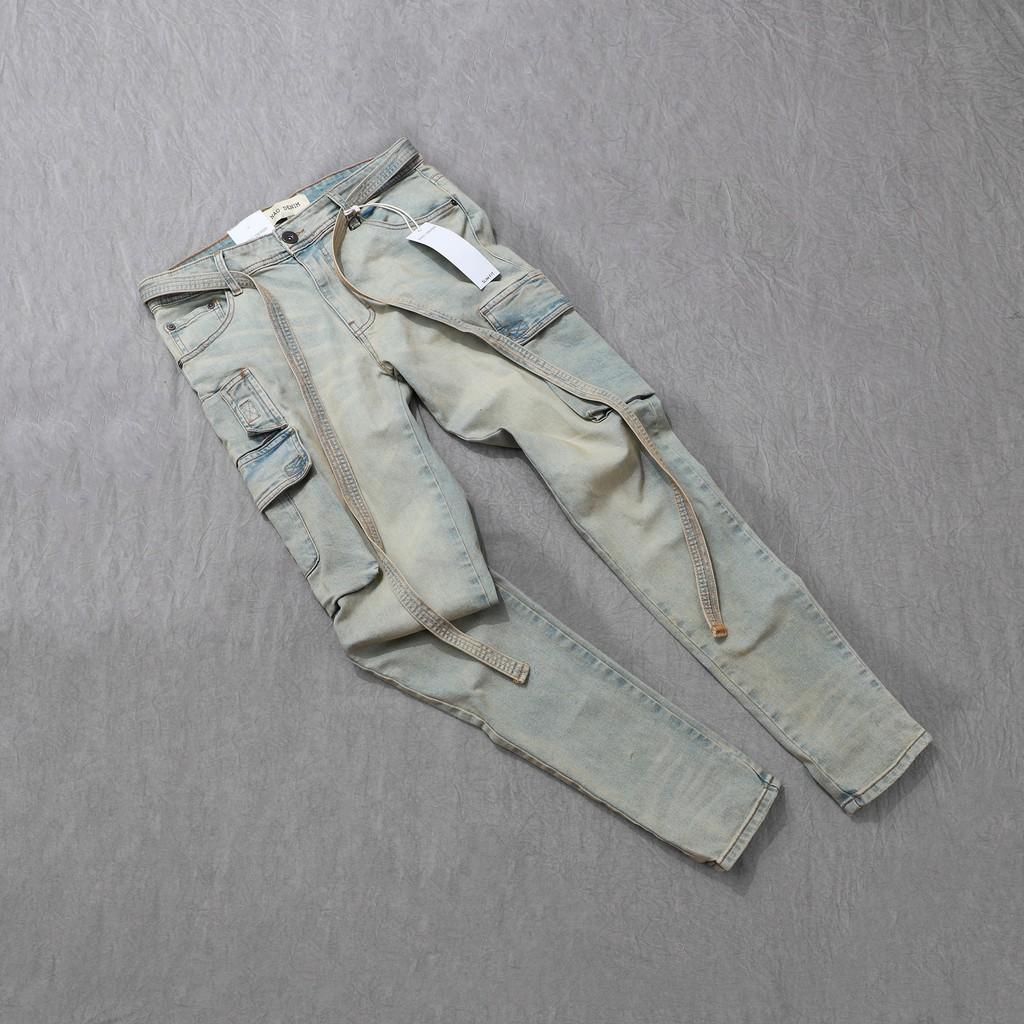 Quần Jean Nam Cargo Túi Hộp Cao Cấp FNOS Màu Vintage Trơn Wash Bụi - Kèm Dây - Form Slimfit - Jean Thun Co Giãn