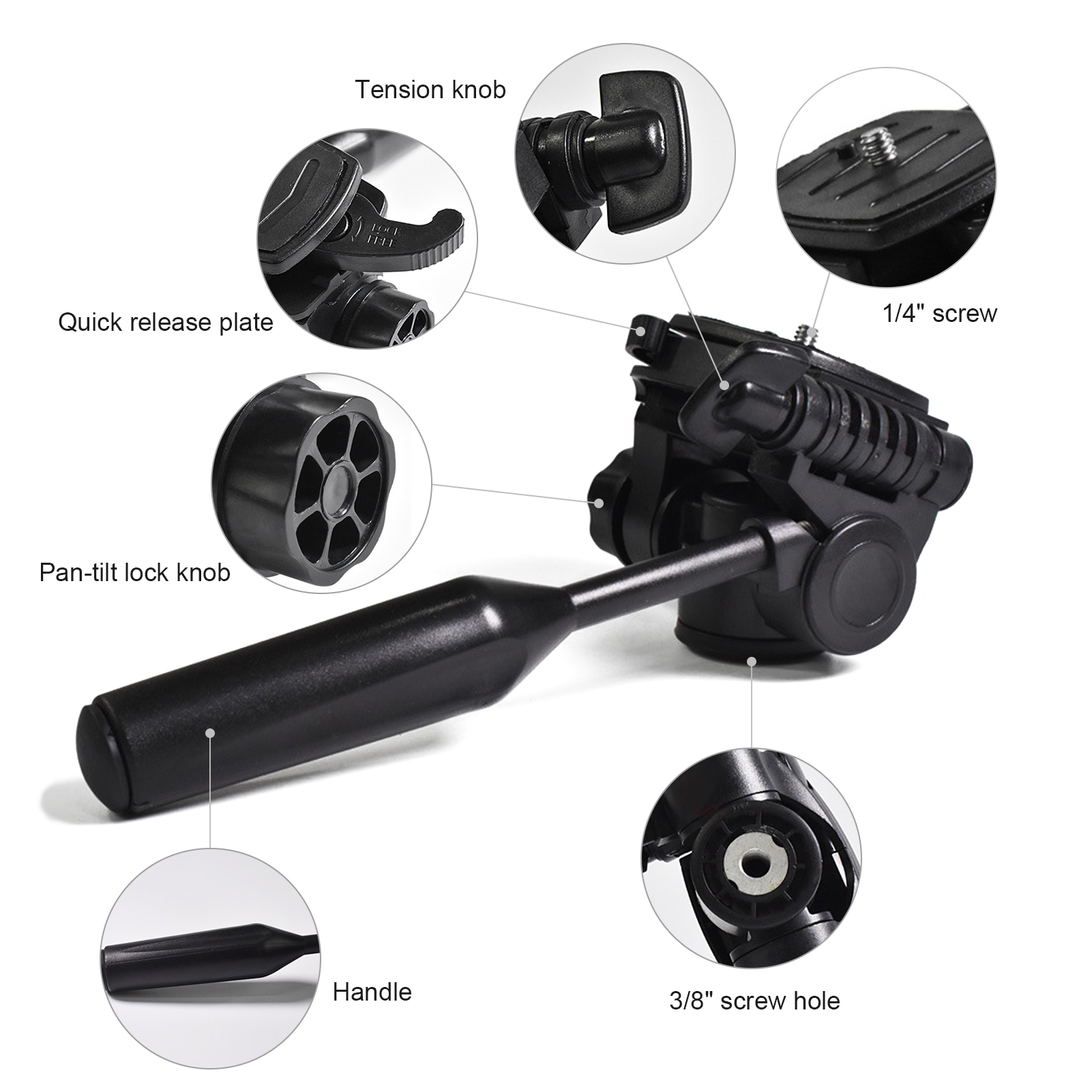 Đầu chân máy 360 độ Xoay 90 độ Nghiêng Đầu chân máy với ren 3/8 inch Ốc vít 1/4 inch cho chân máy ảnh