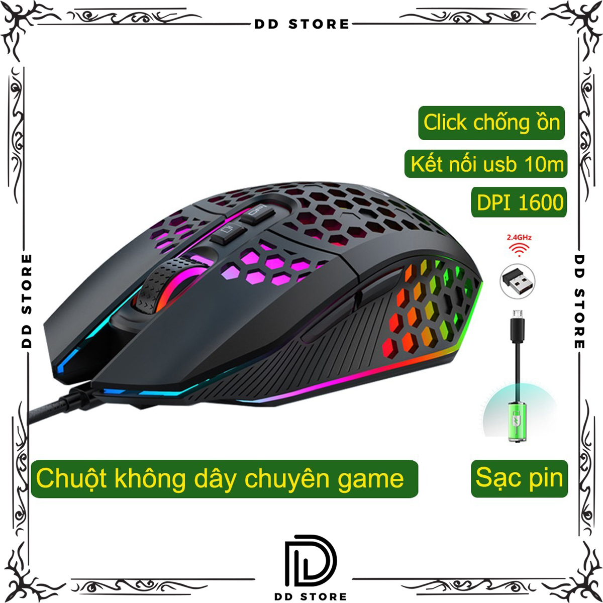 Chuột không dây chơi game KBM 113-X801 thiết kế độc lạ Led RGB đổi màu click chống ồn DPI 1600 - Hàng chính hãng