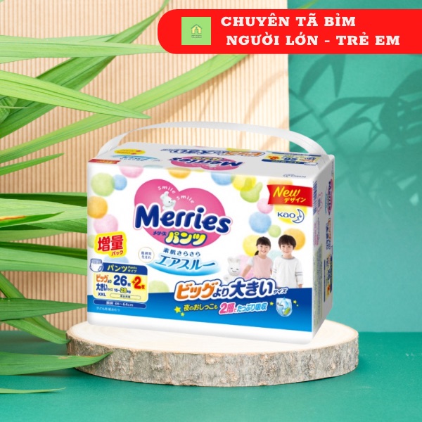 BỈM/TÃ QUẦN MERRIES CỘNG MIẾNG SIZE XXL26+2 MIẾNG