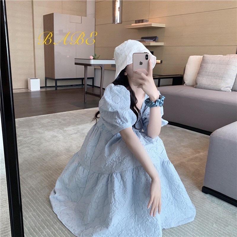 Đầm váy nữ trắng xòe gấm babydoll tay phồng TKN