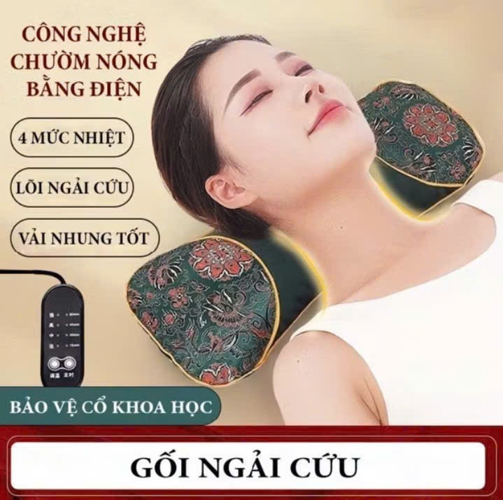 Gối điện massage ngải cứu giảm đau mỏi cổ vai gáy ngủ ngon