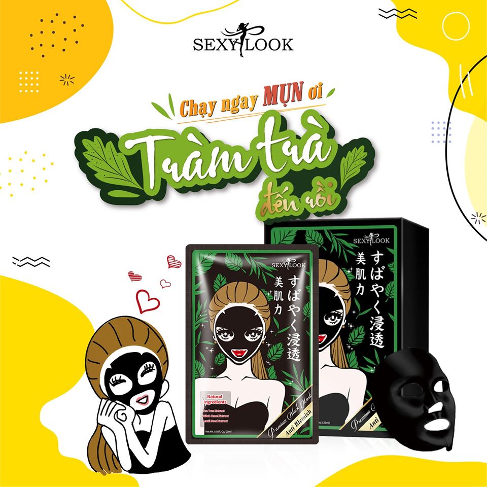 5 Miếng Mặt Nạ Tràm Trà Kiểm Soát Dầu Và Mụn SEXYLOOK Tea Tree Anti Blemish Black Facial Mask 28ml x5 Tặng Móc Khóa Mica