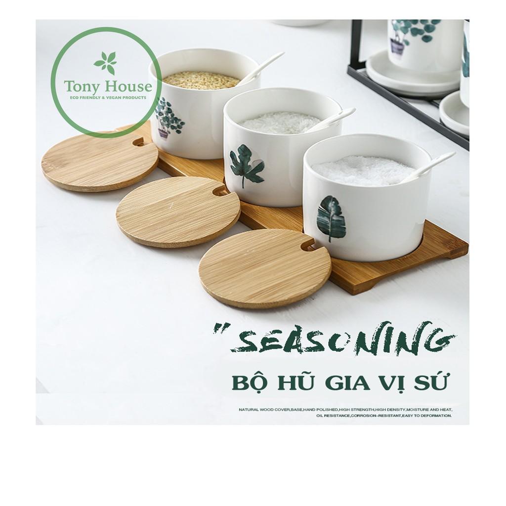 Bộ hũ gia vị hình lá tropical nắp gỗ tre cao cấp