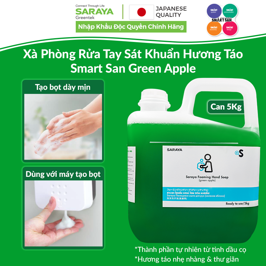 Xà Phòng Rửa Tay Sát Khuẩn Saraya Foaming Hand Soap (Green Apple), Hương Táo - Can 5Kg