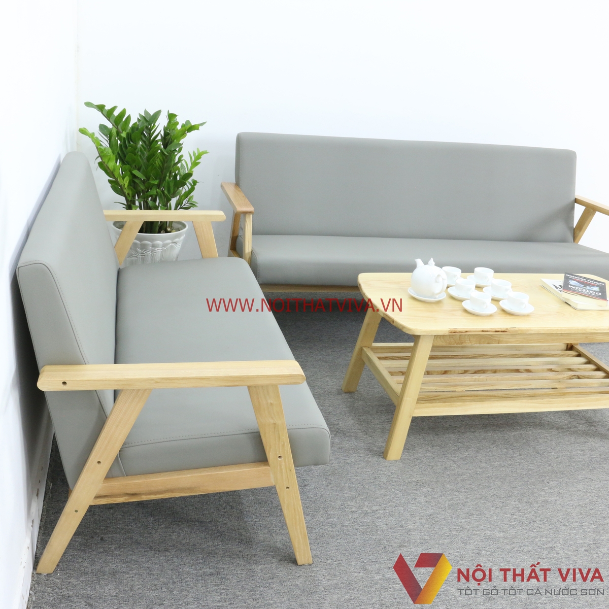 Bộ Sofa Văng Góc Chữ L Gỗ Sồi Nga Bọc Nệm Xám Đơn Giản Hiện Đại Giá Rẻ