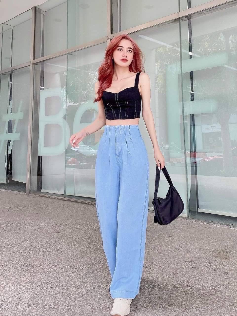 QUẦN ỐNG RỘNG SUÔNG JEANS DENIM BO EO