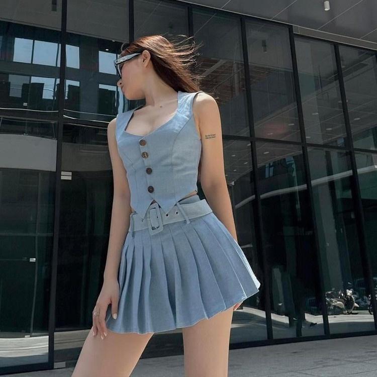 ĐẦM SET ÁO CROPTOP GILE DENIM JEANS + CHÂN VÁY NGẮN XẾP LY XÒE ĐI TIỆC ĐI CHƠI DẠO PHỐ ĐI BIỂN