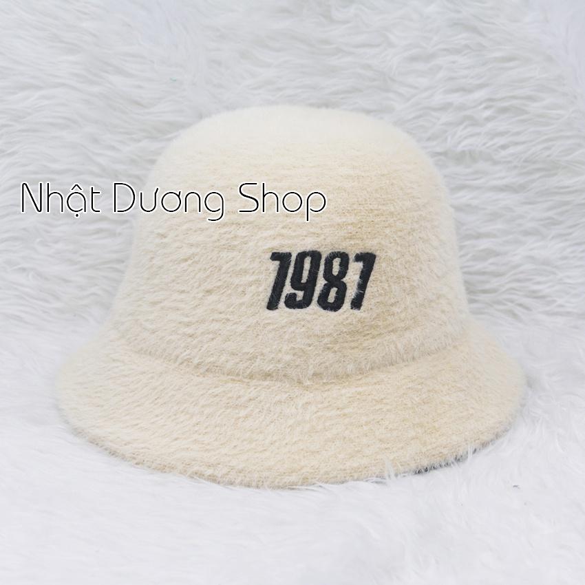 Nón Lông Thỏ Bucket Nữ Thời Trang Cao Câp, nón tai bèo vành cụp lông thỏ hàng quảng châu thêu số 1987