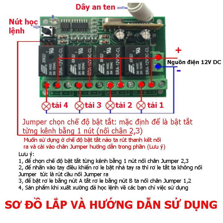 Công tắc điều khiển từ xa 12V DC 4 cổng (4 kênh) điều khiển 4 thiết bị độc lập (2 điều khiển)