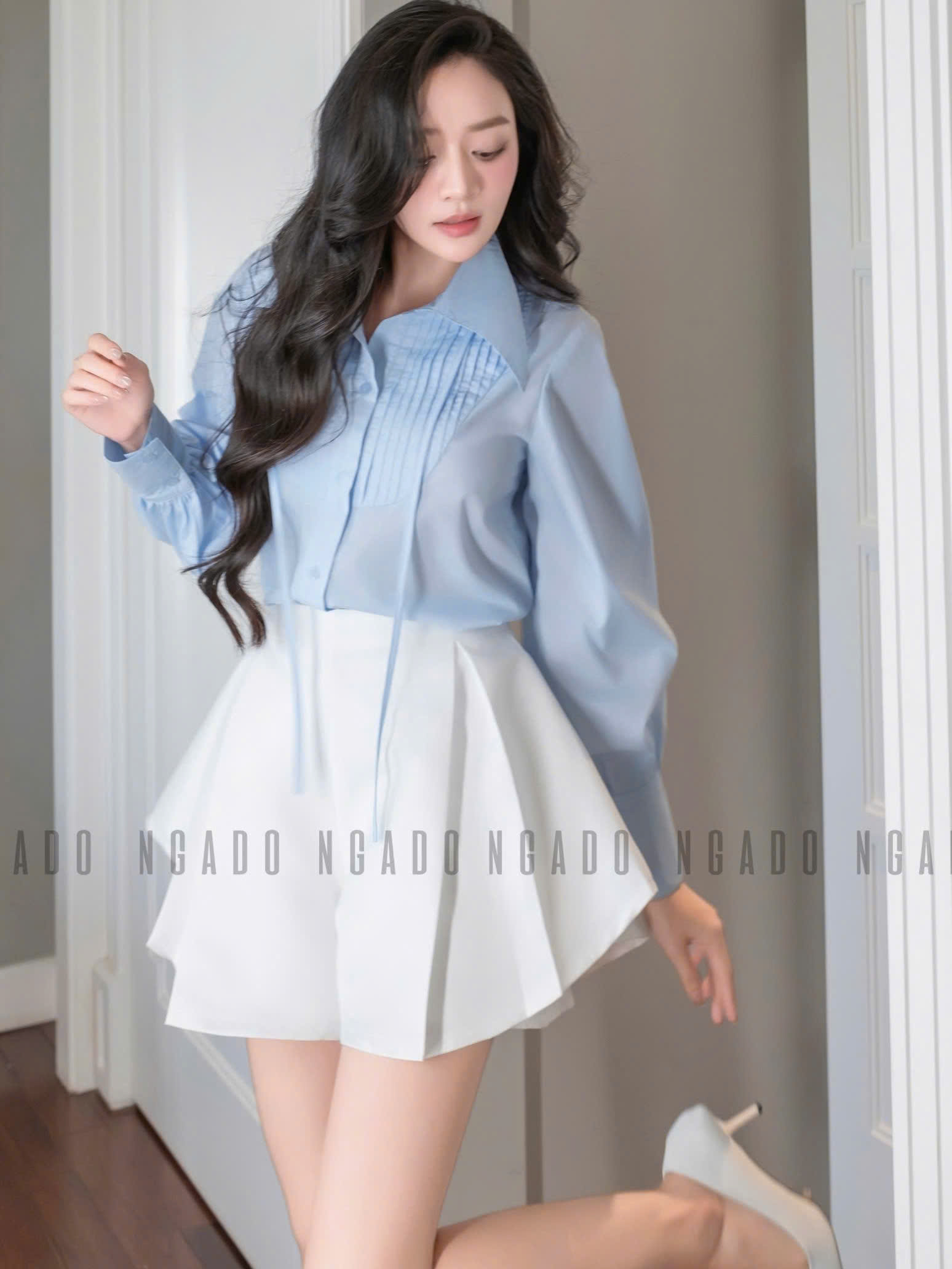 Áo sơ mi xanh nhạt NGADO , áo kiểu nữ , áo sơ mi