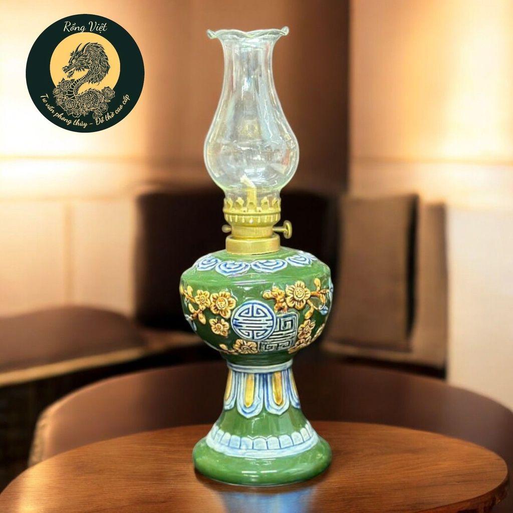 Đèn Dầu Gốm Bát Tràng Men Xanh Rồng Việt - Cao 26cm & 28cm, Đắp Nổi Đào Thọ Cao Cấp(cả bóng đèn)