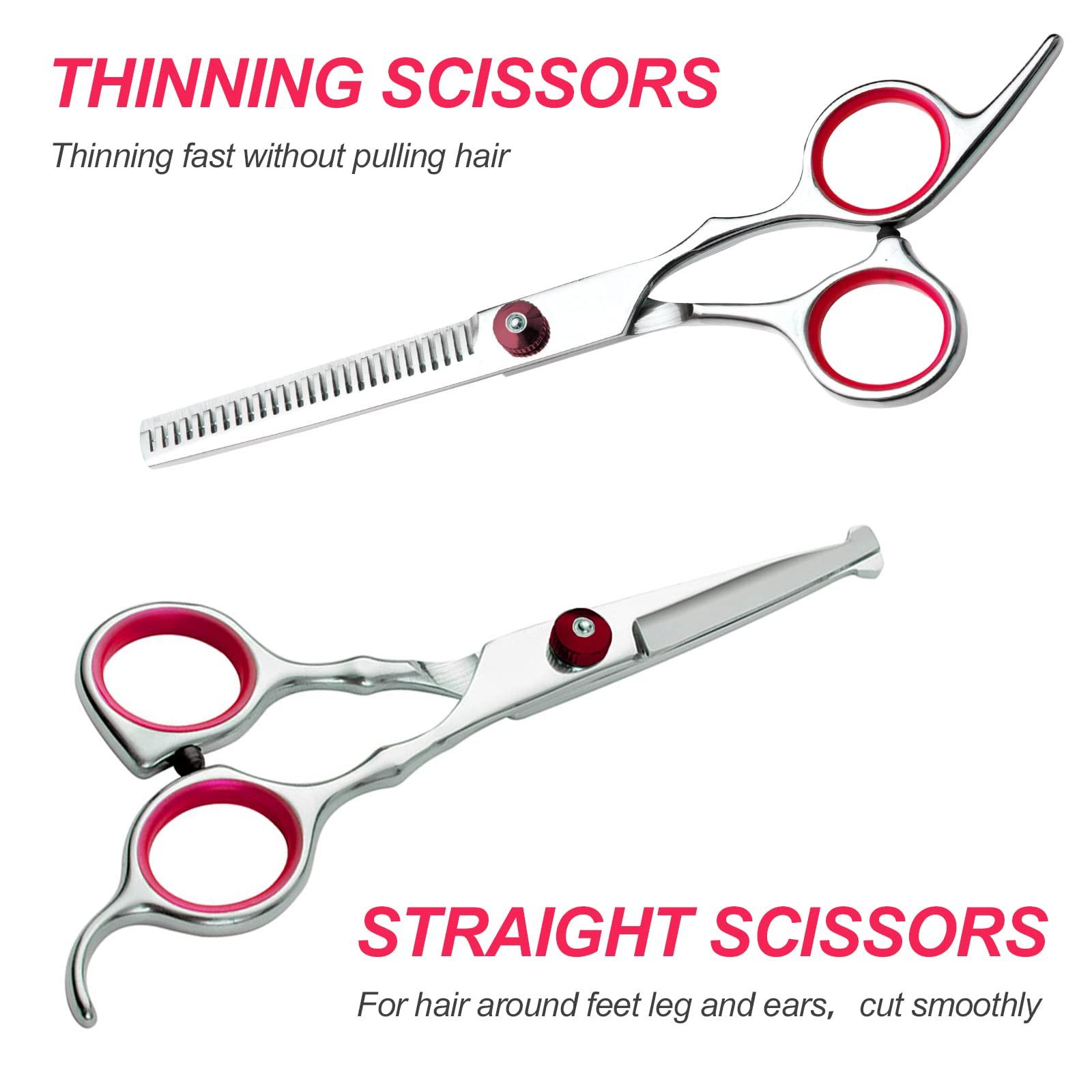 Kéo cắt chải chuốt chó, bộ dụng cụ chải chuốt cho chó bằng thép không gỉ với các mẹo an toàn tròn, bao gồm kéo sứt mẻ, kéo cong, kéo thẳng, lược chải chuốt, lược chải chuốt, lược