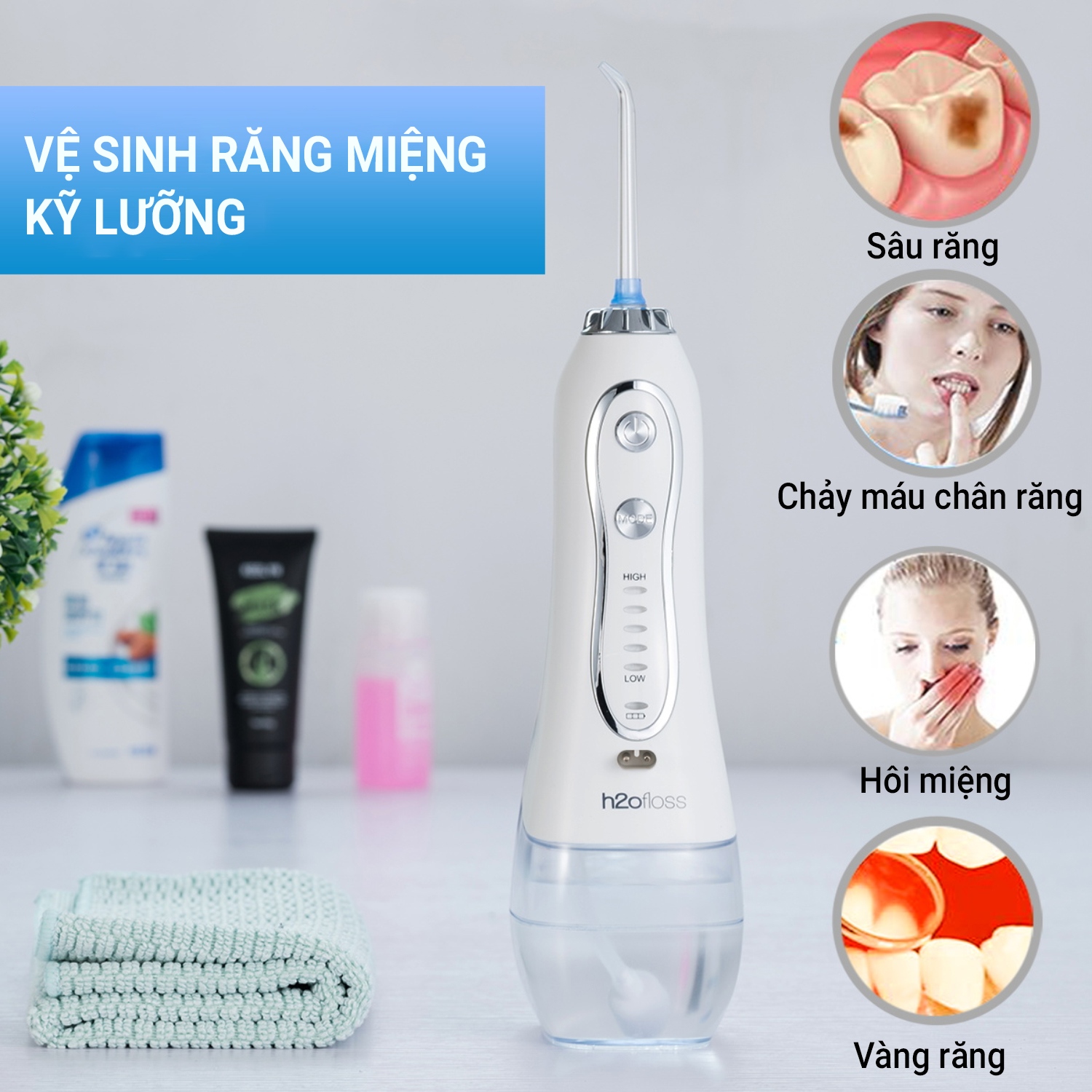 Máy Tăm Nước Cầm Tay H2OFloss HF-6 Sạch Răng Màu Trắng - Hàng Chính Hãng